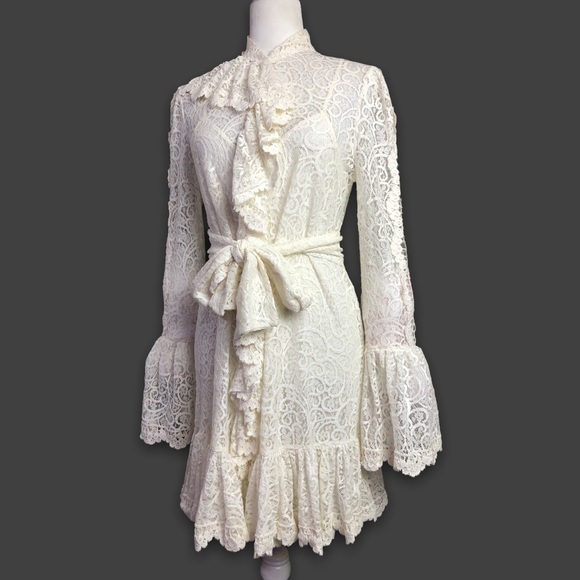 Free People Dreams of You Dress Ivory Lace Sheer Ruffle Bell Sleeve Belted.